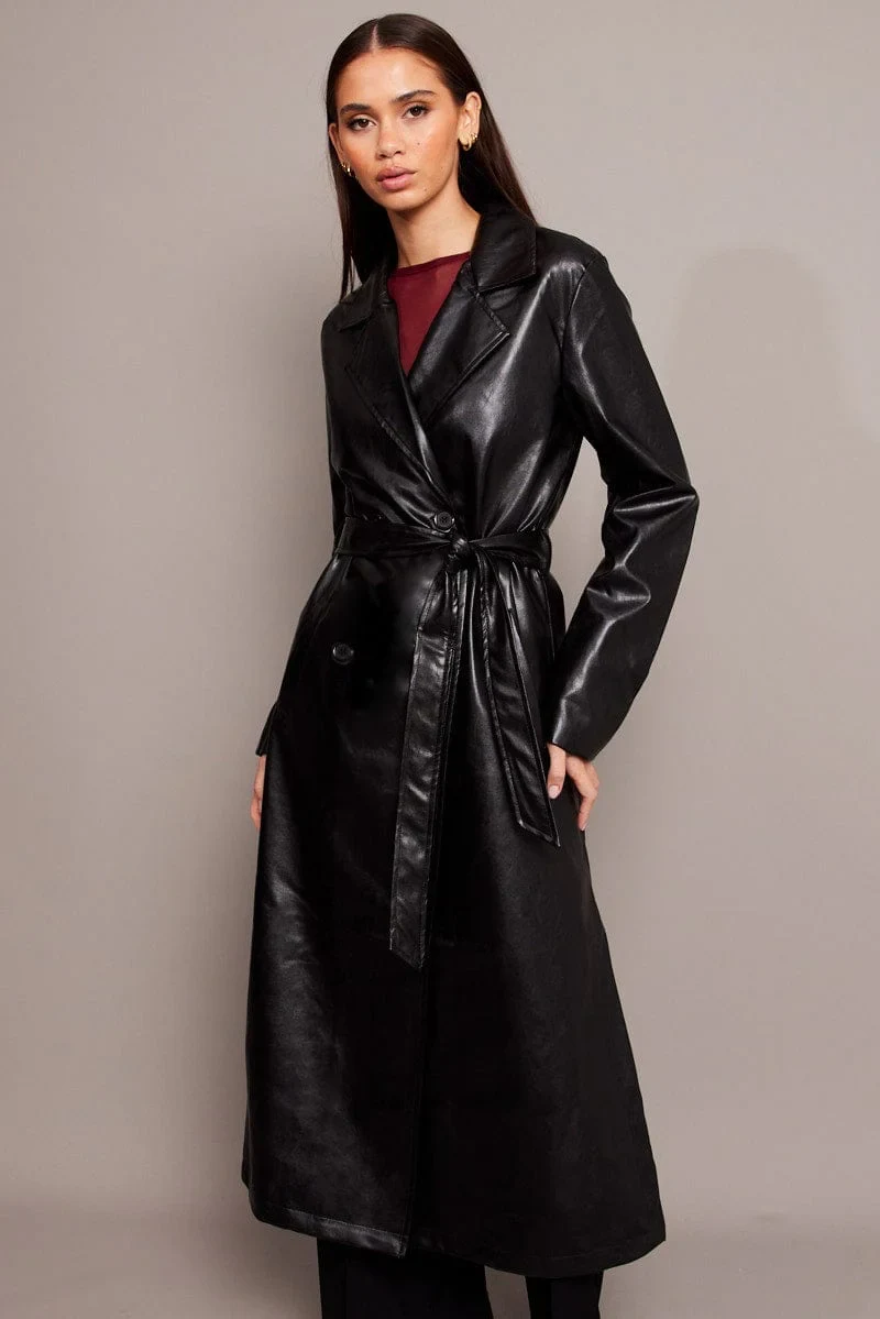 Women's outwear faux leather trench coat Adult maxi overcoat belted topcoats — view 3