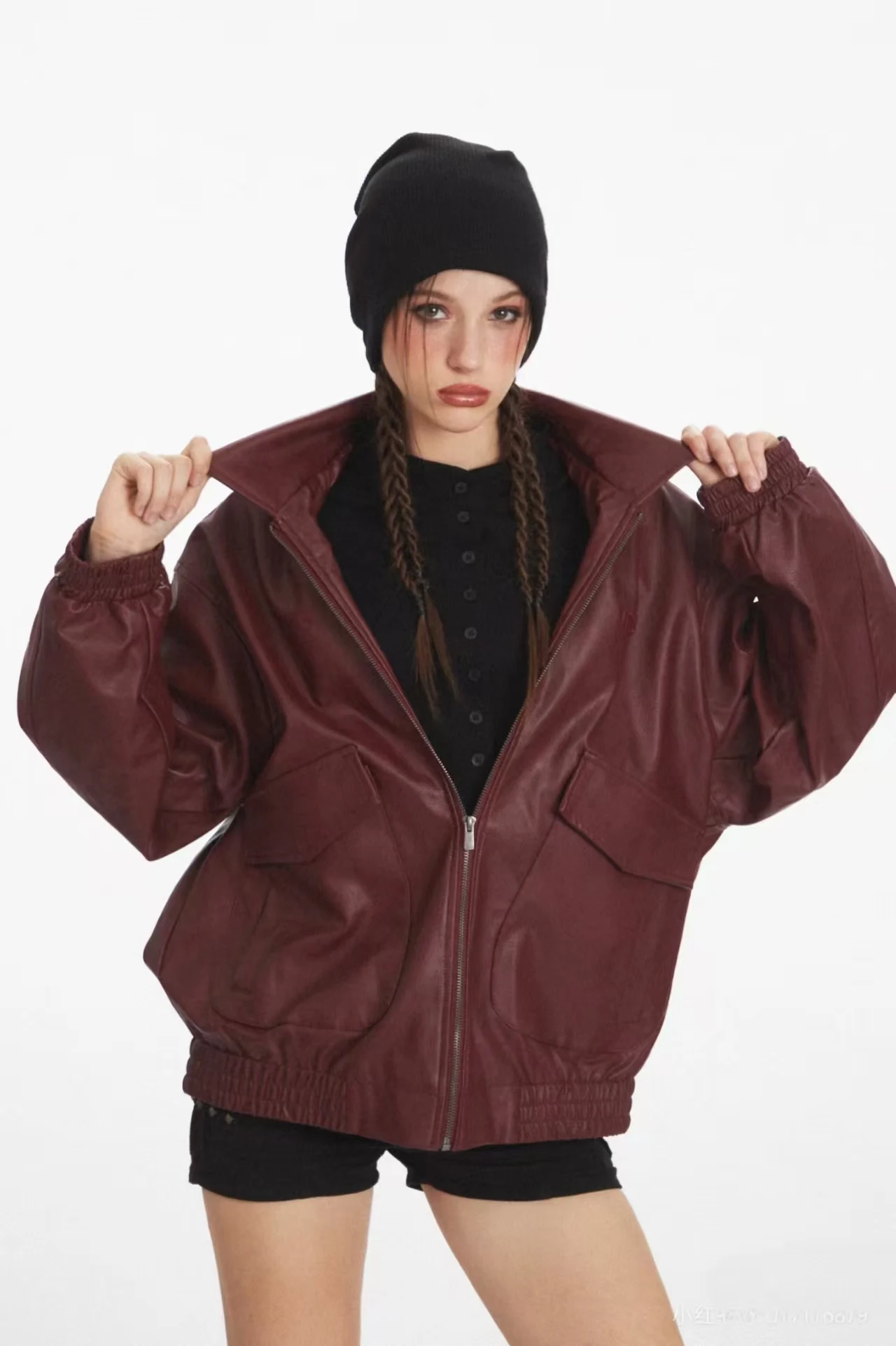 Faux Leather Cropped Jacket,Lapel Collared Biker Jacket, Long Sleeve,Oversize Pu Jackets,moto jackets,Motocycle Jacket