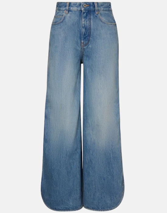 Wide Leg Jeans In Washed Blue Denim Mid Wash High-Waisted Baggy Jeans 