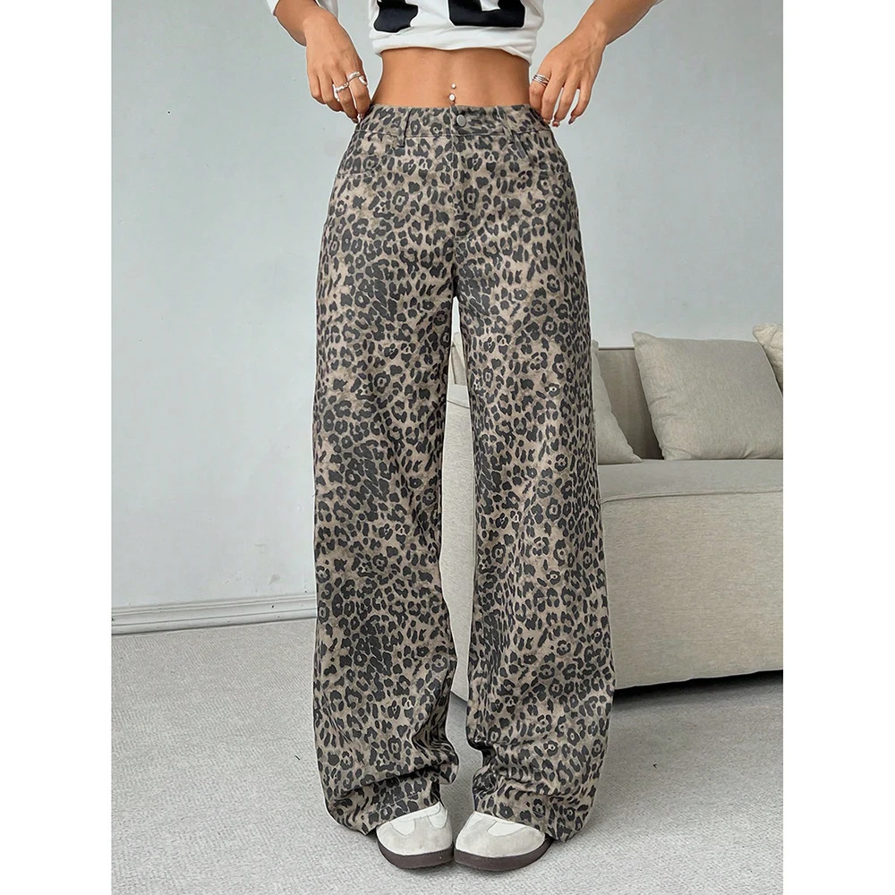 Women's Straight-leg Leopard Print Casual Pants Printed Trouses 