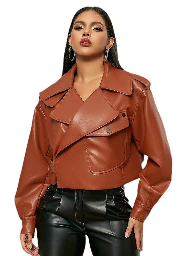 Brown Faux Leather Jacket, Solid Color Lapel Collar, Long Sleeve,Pu Jackets ,Biker Jacket,Motocycle Jacket,Long Sleeve